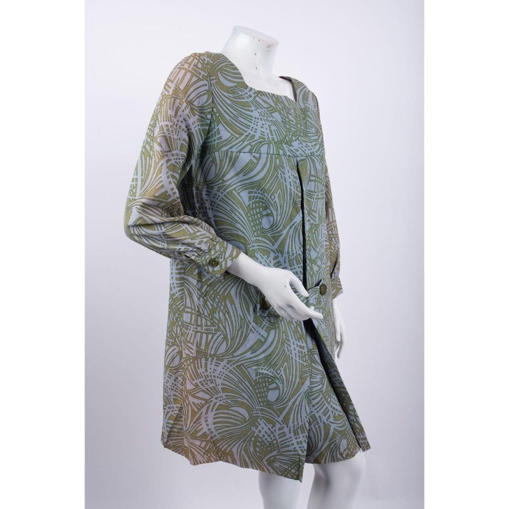 1970's Vintage Barkloth Dress Women's M Blue Green - Picture 2 of 7